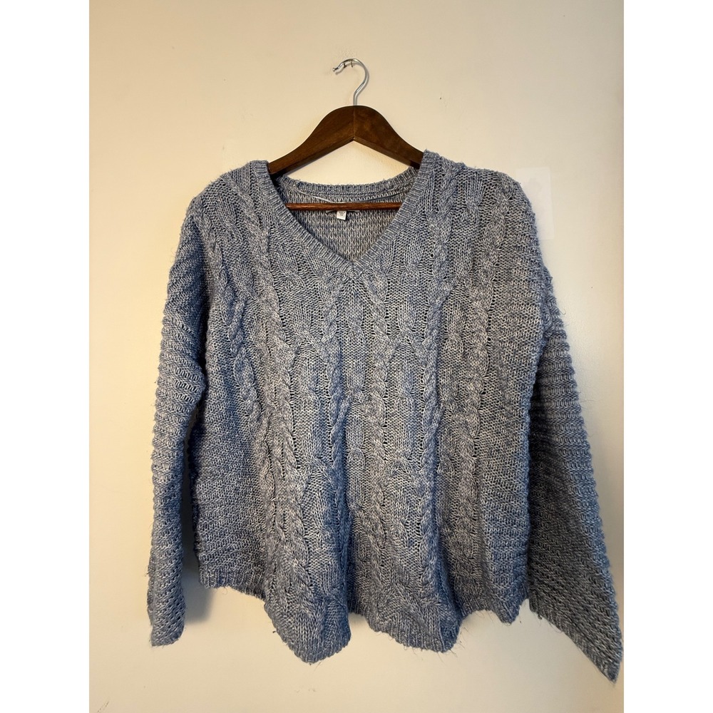 Sonoma  Womens Blue Cable Knit V-Neck Sweater Marled Cotton Blend
